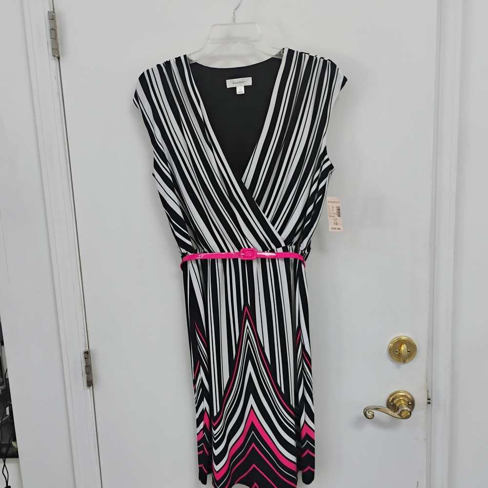 NWT Dressbarn Black White Stripe Wrap Dress Pink Belt Size 10